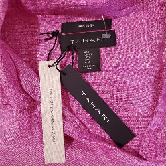 Tahari NWT 100% Linen Pink 1/2 Sleeve V-Neck Collared Tunic Top Women's Size S - Picture 6 of 8